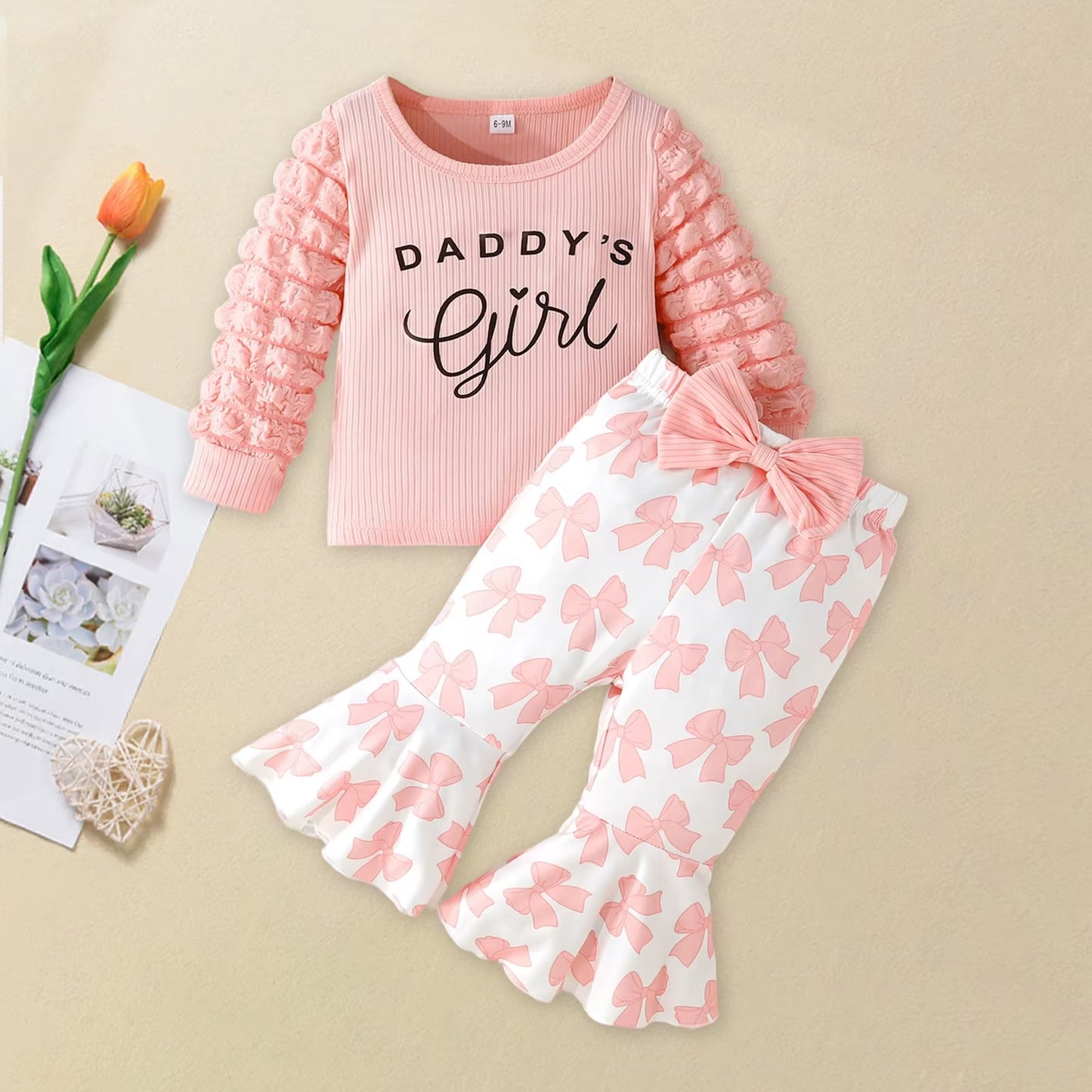 Toddler Girl Fall Outfits Letter Print Bubble Long Sleeve round Neck Pullover Bow Pattern Flare Pants 2 Pcs Set