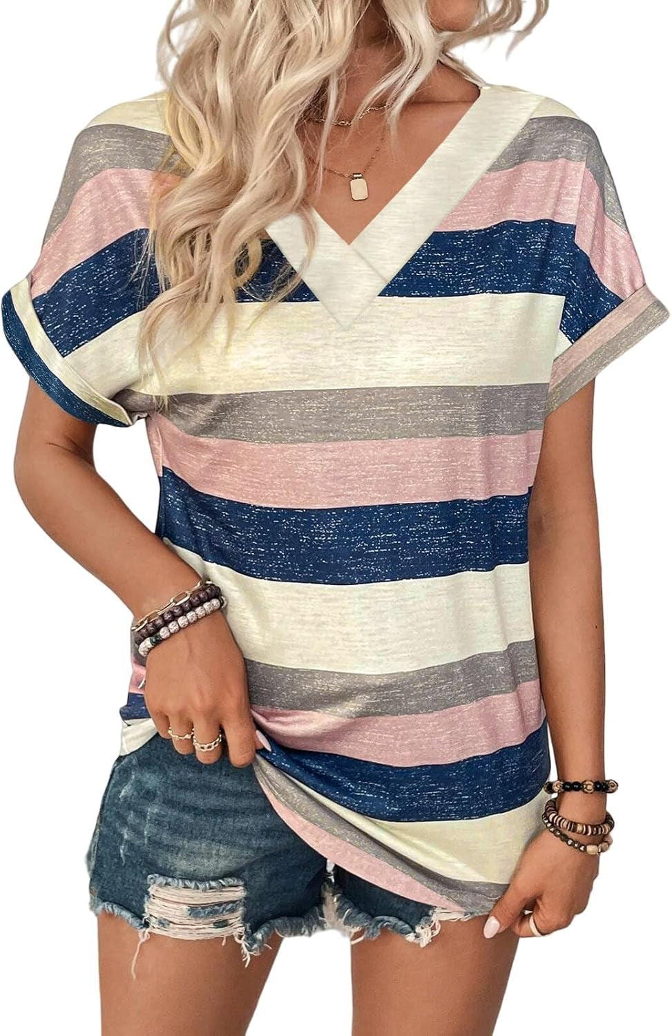 2PCS T Shirts Short Sleeve V Neck Tees Womens Fashion Tops Trendy Soft 2025 Casual Summer Spring Outfits Clothes