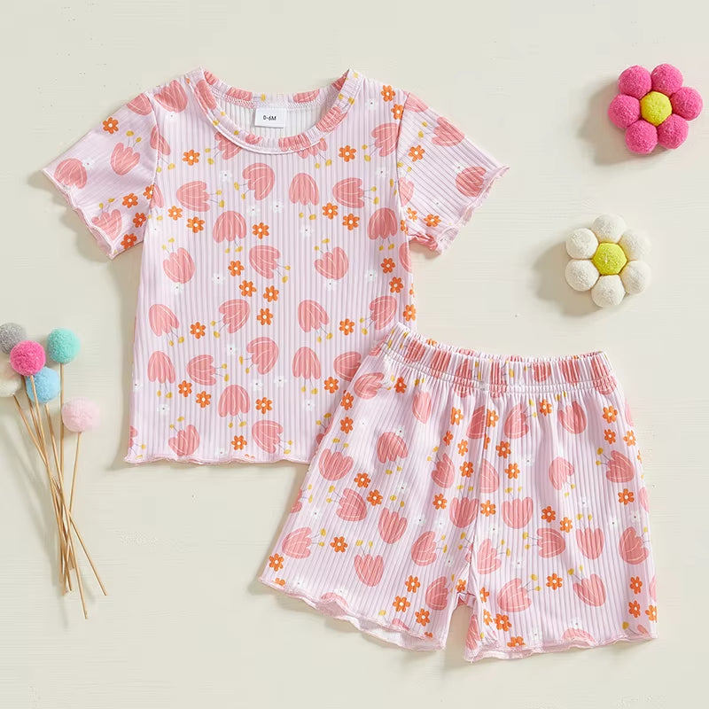 Toddler Girls Ribbed Shorts Set Bow Heart Print Short Sleeve round Neck Tops Elastic Waistband Shorts