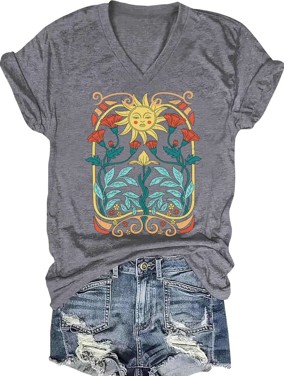 Women'S T-Shirts V-Neck Boho Flowers Wildflowers Tee Cute Summer Graphic Shirts Short Sleeve T Shirt