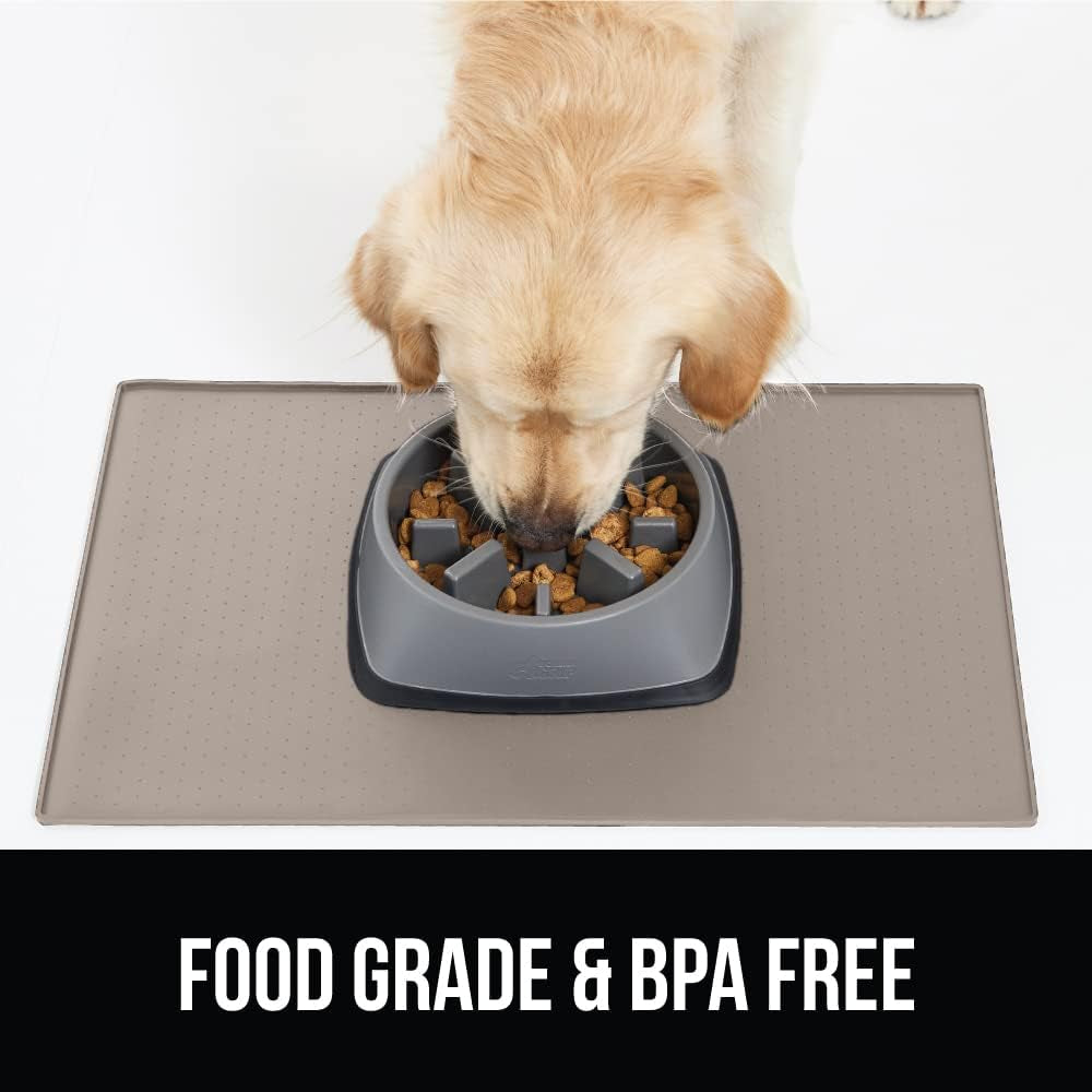 100% Waterproof Raised Edge BPA Free Silicone Pet Feeding Mat, Dog Cat Food Mats Contain Spills Protects Floors, Placemats for Cats and Dogs Water Bowl, Pets Accessories 16X10, Beige