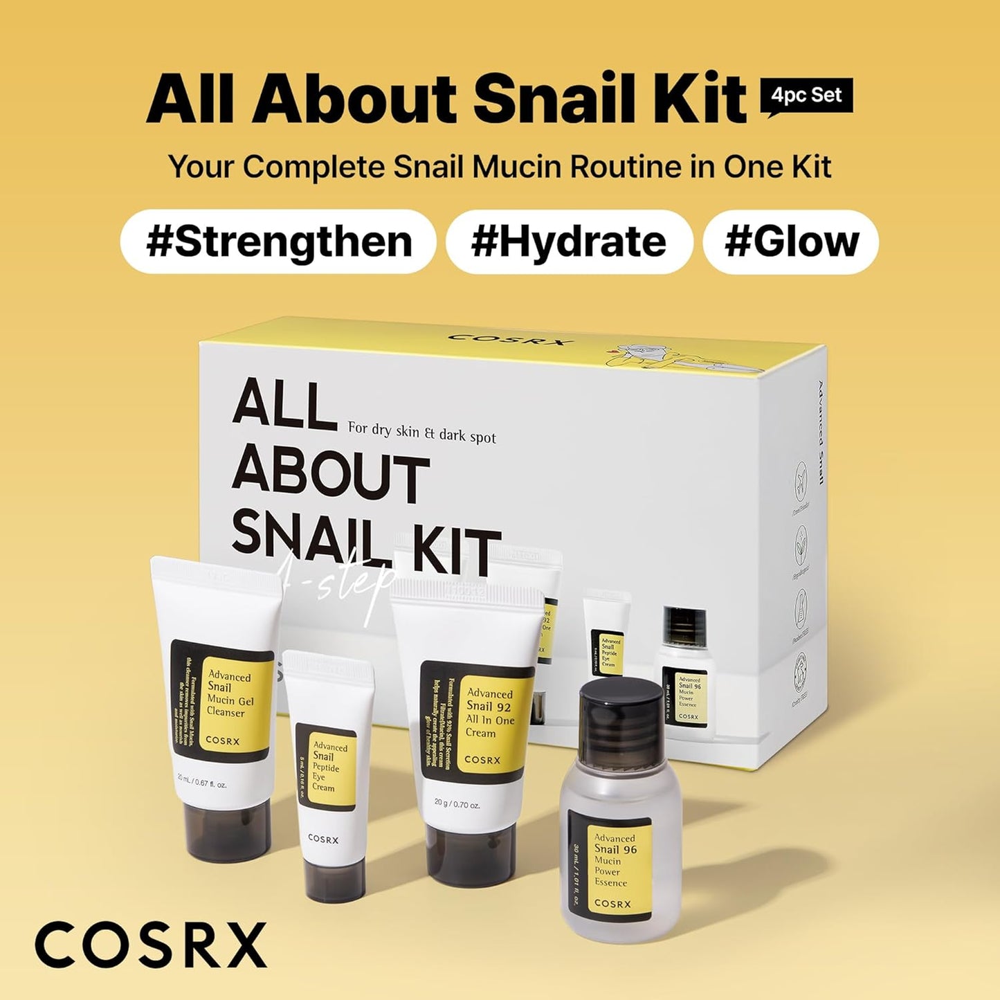 All about Snail Mucin Korean Skin Care Set, Mini Travel Essentials, Travel Size Gift Set with Snail Mucin Face Wash, Serum, Moisturizer & Eye Cream, Rejuvenating Kit