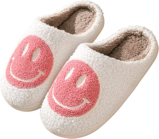 Smile Face Slippers for Women Happy Face Slippers Retro Soft Plush Warm Slip-On Slippers, Cozy Indoor Outdoor Slippers