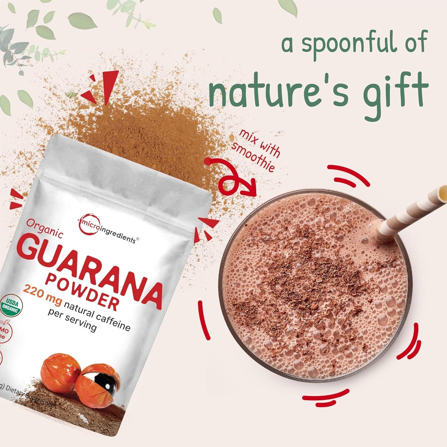 Organic Guarana Powder 1,000Mg per Serv, 8 Ounces | 220Mg Natural Caffeine Energizer, Brazilian Herbal Extract, Raw, Bulk Superfood, Coffee Substitute, Vegan Friendly, & Non-Gmo