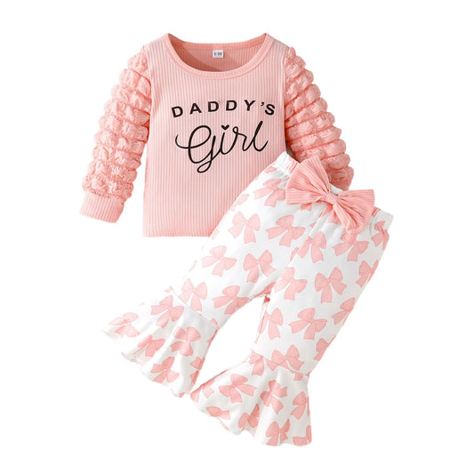 Toddler Girl Fall Outfits Letter Print Bubble Long Sleeve round Neck Pullover Bow Pattern Flare Pants 2 Pcs Set