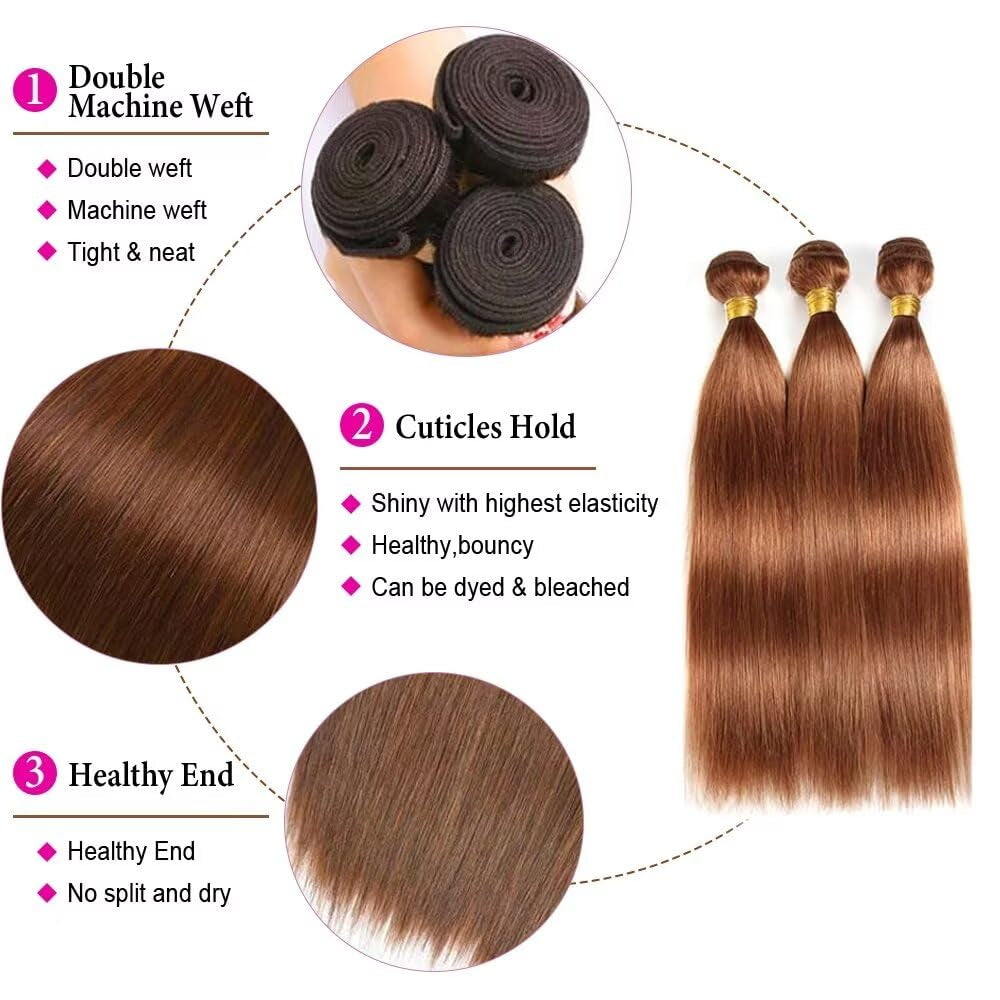 18 20 22 in Colored Light Brown Bundles Straight Human Hair 3 Pack Color 30 Unprocessed Brazilian Remy Real Virgin Wet and Wavy Quick Weave Sew in Human Hair Bundles for Black Women