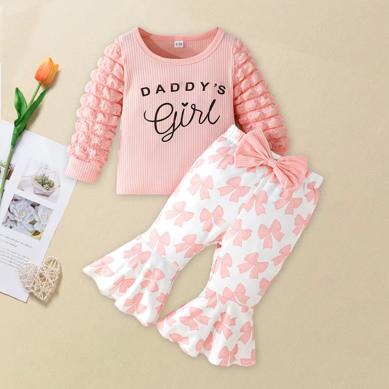 Toddler Girl Fall Outfits Letter Print Bubble Long Sleeve round Neck Pullover Bow Pattern Flare Pants 2 Pcs Set