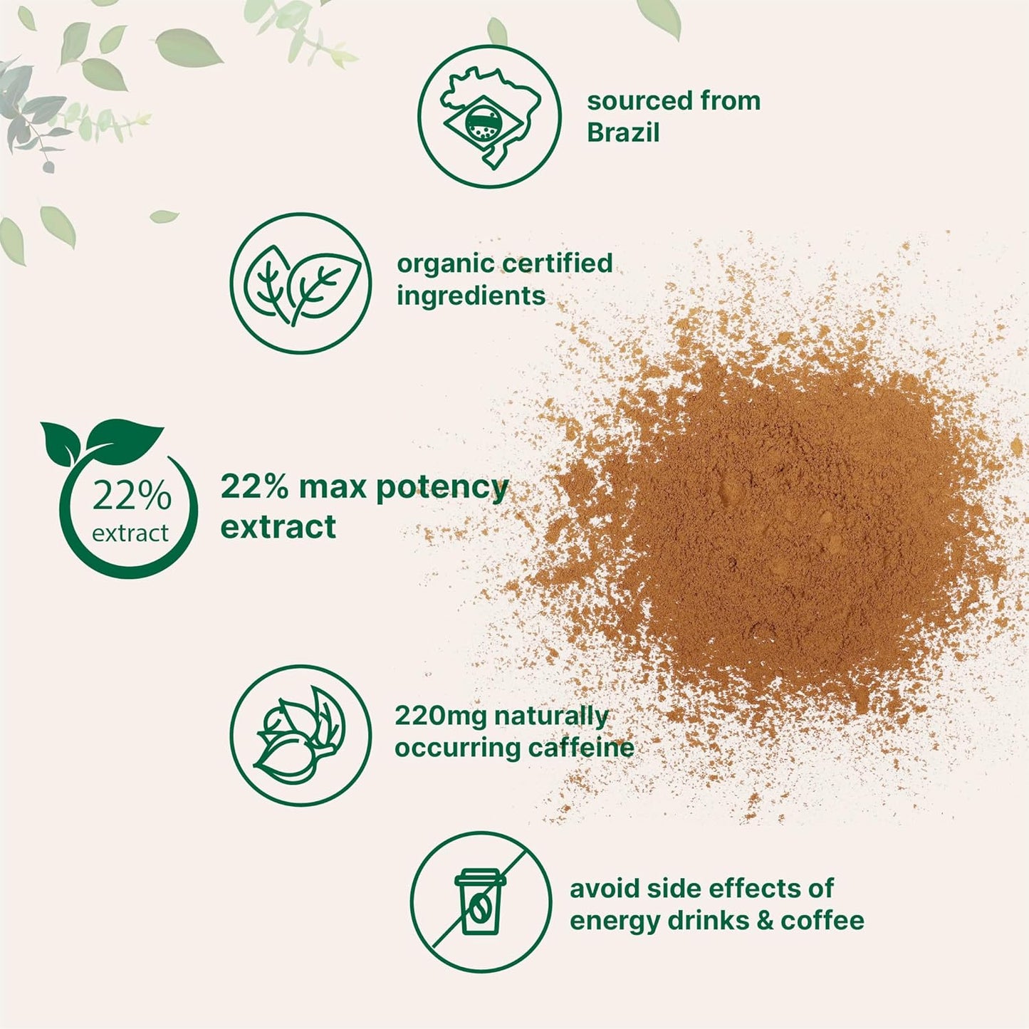 Organic Guarana Powder 1,000Mg per Serv, 8 Ounces | 220Mg Natural Caffeine Energizer, Brazilian Herbal Extract, Raw, Bulk Superfood, Coffee Substitute, Vegan Friendly, & Non-Gmo