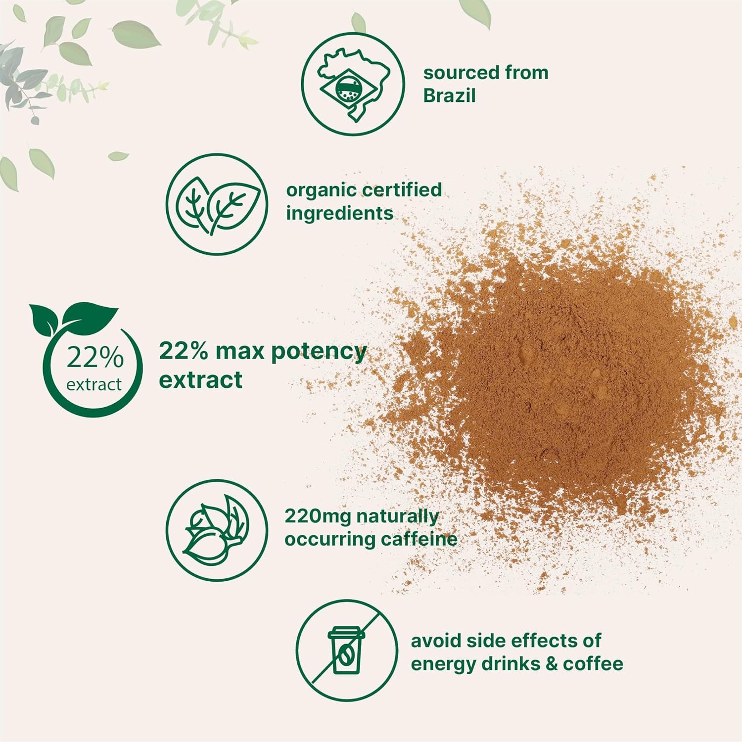 Organic Guarana Powder 1,000Mg per Serv, 8 Ounces | 220Mg Natural Caffeine Energizer, Brazilian Herbal Extract, Raw, Bulk Superfood, Coffee Substitute, Vegan Friendly, & Non-Gmo