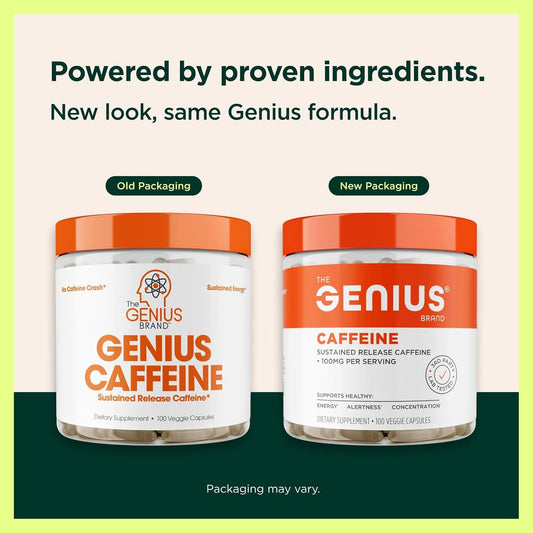 Genius Caffeine - Sustained-Release Microencapsulated Caffeine Pills for Smooth, Long-Lasting Energy & Focus - No Jitters or Crash - 100Mg per Capsule - 100 Servings - Natural Performance Booster