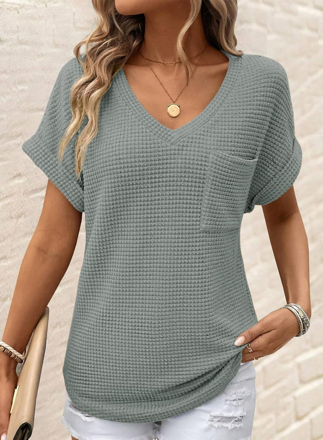Womens Waffle Knit Tops 2025 Fall Summer V Neck Shirts Casual Trendy Women'S Blouses Basic Tee