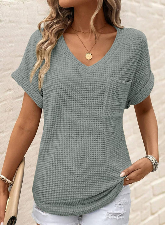 Womens Waffle Knit Tops 2025 Fall Summer V Neck Shirts Casual Trendy Women'S Blouses Basic Tee