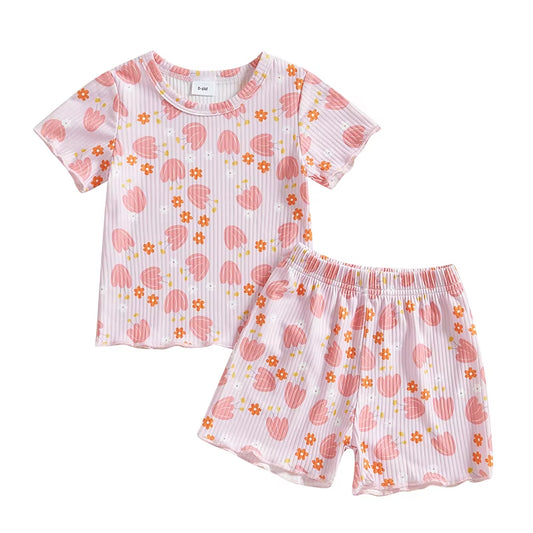 Toddler Girls Ribbed Shorts Set Bow Heart Print Short Sleeve round Neck Tops Elastic Waistband Shorts