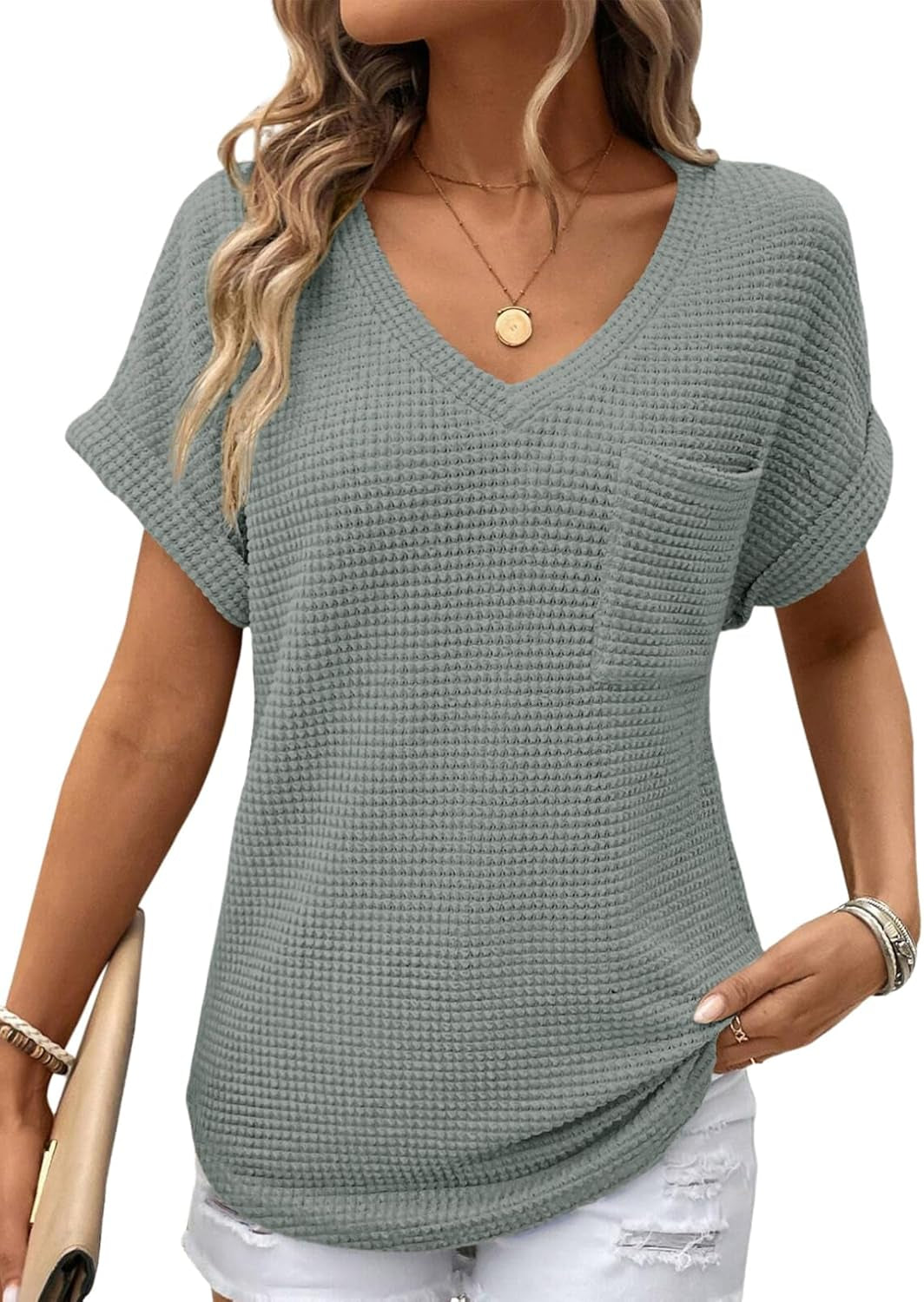Womens Waffle Knit Tops 2025 Fall Summer V Neck Shirts Casual Trendy Women'S Blouses Basic Tee