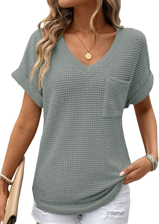 Womens Waffle Knit Tops 2025 Fall Summer V Neck Shirts Casual Trendy Women'S Blouses Basic Tee