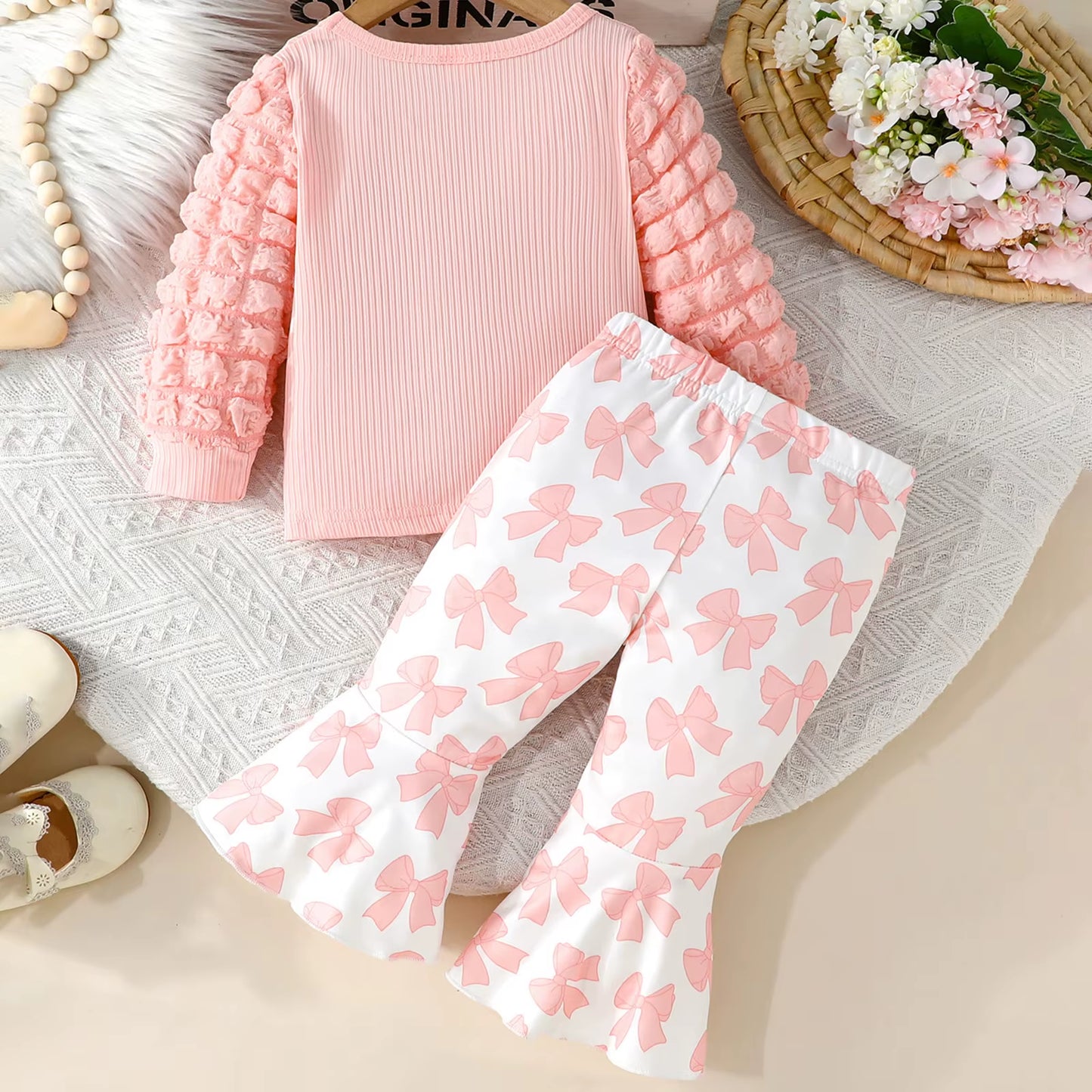 Toddler Girl Fall Outfits Letter Print Bubble Long Sleeve round Neck Pullover Bow Pattern Flare Pants 2 Pcs Set