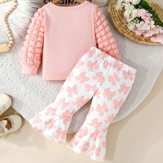 Toddler Girl Fall Outfits Letter Print Bubble Long Sleeve round Neck Pullover Bow Pattern Flare Pants 2 Pcs Set