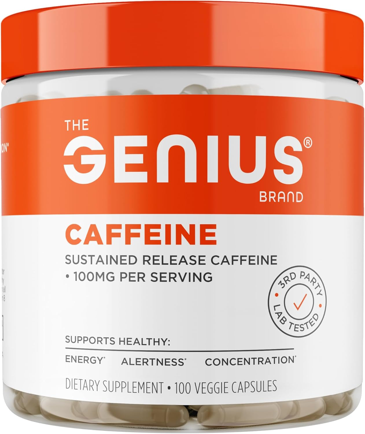Genius Caffeine - Sustained-Release Microencapsulated Caffeine Pills for Smooth, Long-Lasting Energy & Focus - No Jitters or Crash - 100Mg per Capsule - 100 Servings - Natural Performance Booster