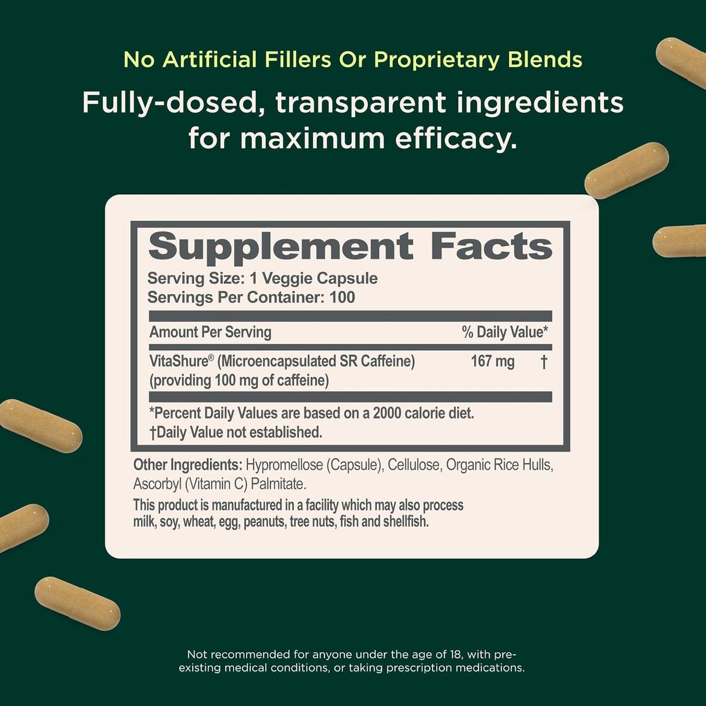 Genius Caffeine - Sustained-Release Microencapsulated Caffeine Pills for Smooth, Long-Lasting Energy & Focus - No Jitters or Crash - 100Mg per Capsule - 100 Servings - Natural Performance Booster