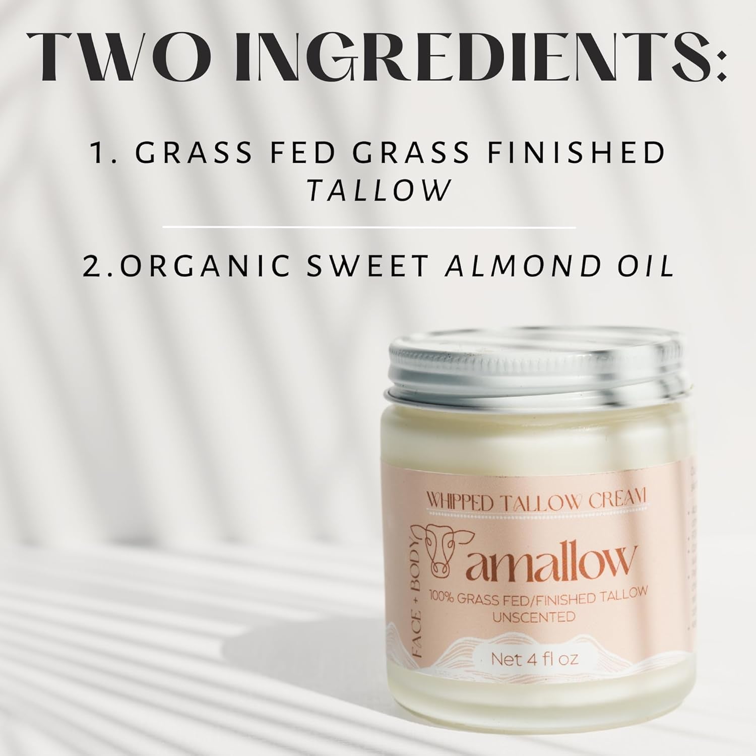 100% Grass Fed Beef Tallow for Skin Care - Face + Body - Whipped Moisturizer for Sensitive Skin - Natural Lotion, 4 FL. Oz. (Unscented)