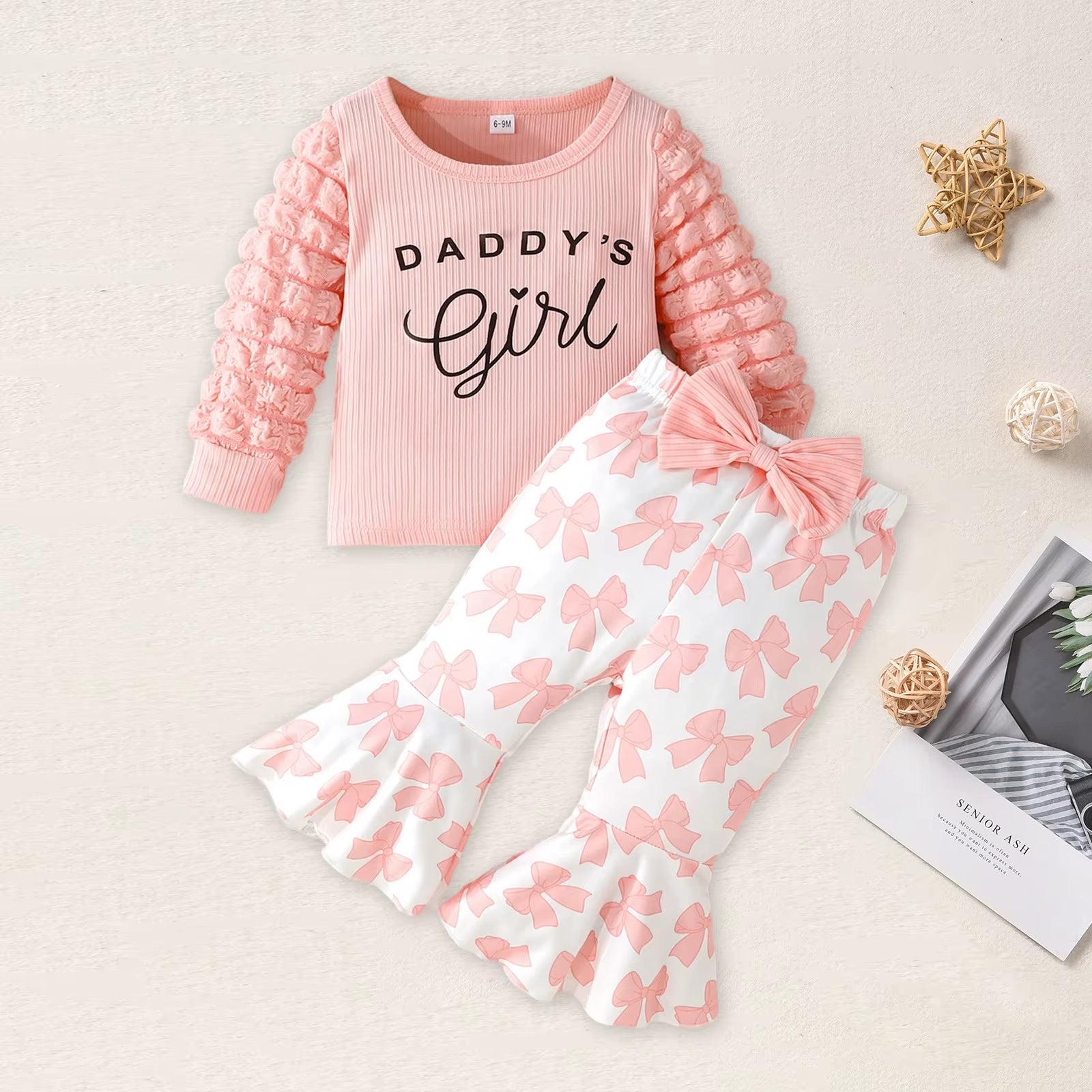 Toddler Girl Fall Outfits Letter Print Bubble Long Sleeve round Neck Pullover Bow Pattern Flare Pants 2 Pcs Set