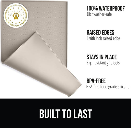 100% Waterproof Raised Edge BPA Free Silicone Pet Feeding Mat, Dog Cat Food Mats Contain Spills Protects Floors, Placemats for Cats and Dogs Water Bowl, Pets Accessories 16X10, Beige