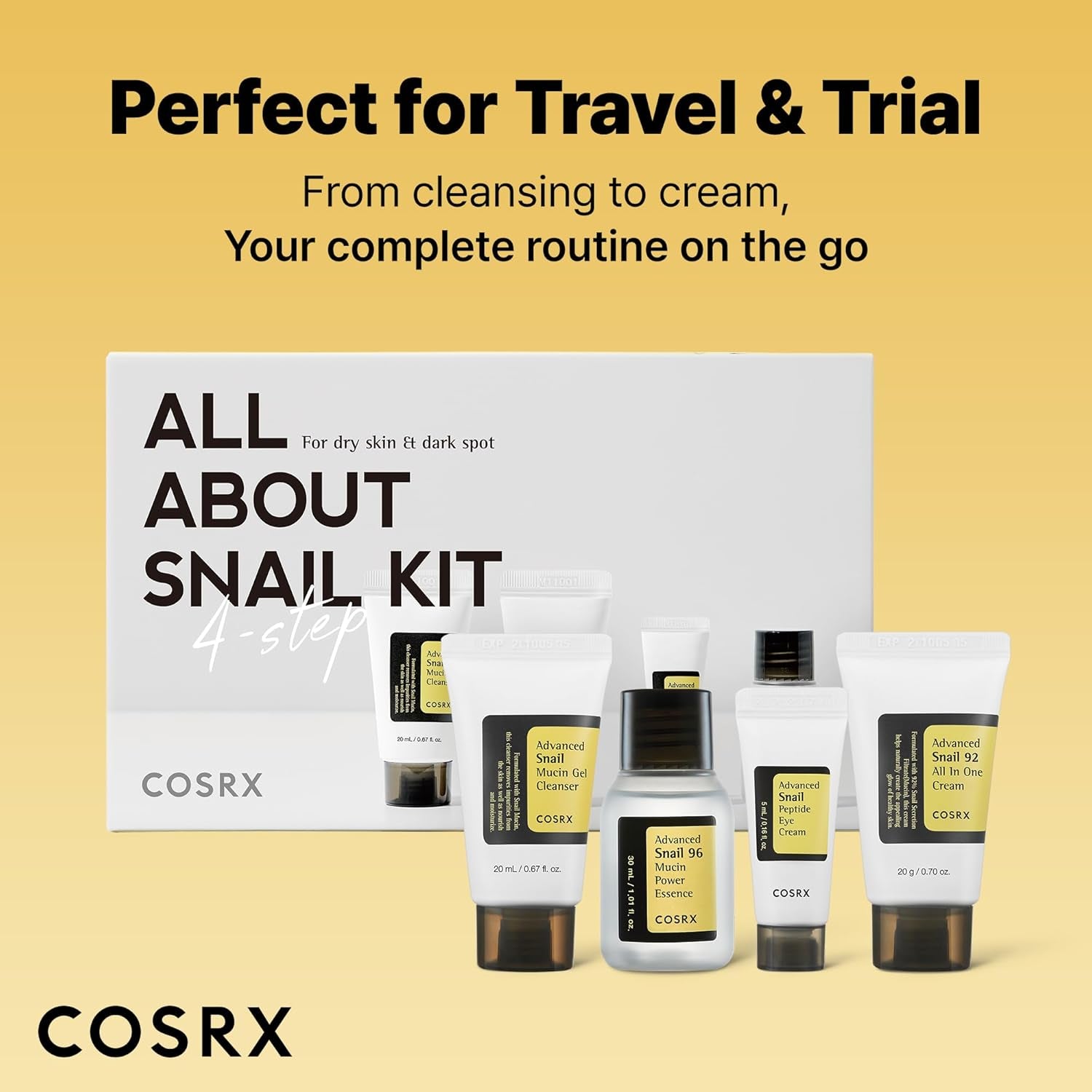 All about Snail Mucin Korean Skin Care Set, Mini Travel Essentials, Travel Size Gift Set with Snail Mucin Face Wash, Serum, Moisturizer & Eye Cream, Rejuvenating Kit