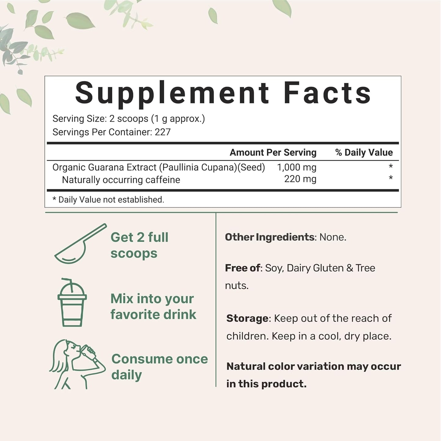 Organic Guarana Powder 1,000Mg per Serv, 8 Ounces | 220Mg Natural Caffeine Energizer, Brazilian Herbal Extract, Raw, Bulk Superfood, Coffee Substitute, Vegan Friendly, & Non-Gmo
