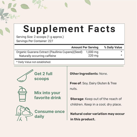Organic Guarana Powder 1,000Mg per Serv, 8 Ounces | 220Mg Natural Caffeine Energizer, Brazilian Herbal Extract, Raw, Bulk Superfood, Coffee Substitute, Vegan Friendly, & Non-Gmo