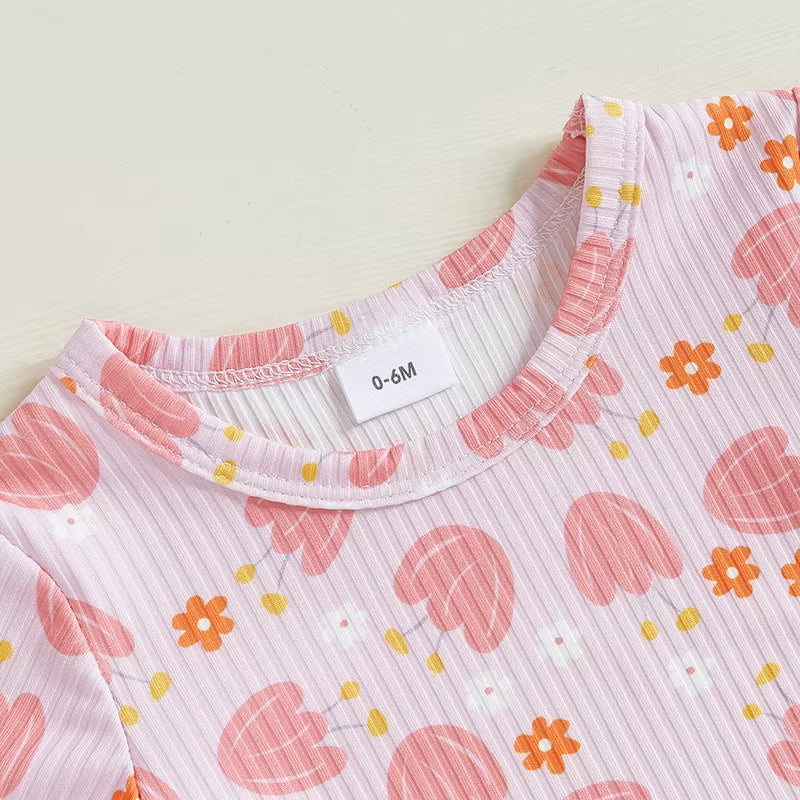 Toddler Girls Ribbed Shorts Set Bow Heart Print Short Sleeve round Neck Tops Elastic Waistband Shorts