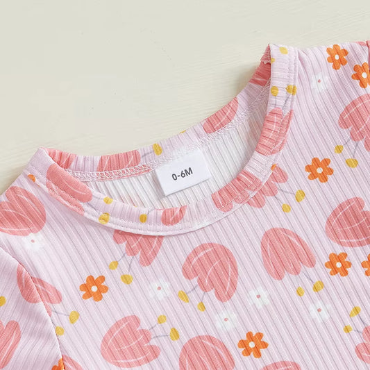 Toddler Girls Ribbed Shorts Set Bow Heart Print Short Sleeve round Neck Tops Elastic Waistband Shorts
