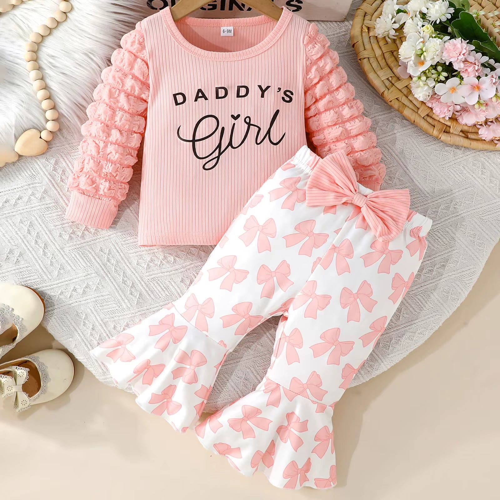 Toddler Girl Fall Outfits Letter Print Bubble Long Sleeve round Neck Pullover Bow Pattern Flare Pants 2 Pcs Set