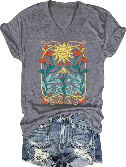 Women'S T-Shirts V-Neck Boho Flowers Wildflowers Tee Cute Summer Graphic Shirts Short Sleeve T Shirt
