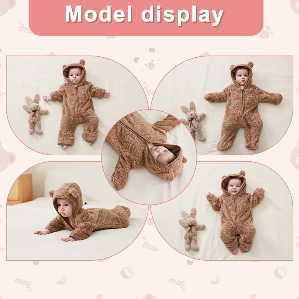 Newborn Baby Bear Outfit with Fold-Over Mittens and Footies Girls Boys Winter Fleece Clothes Hooded Romper Snowsuit