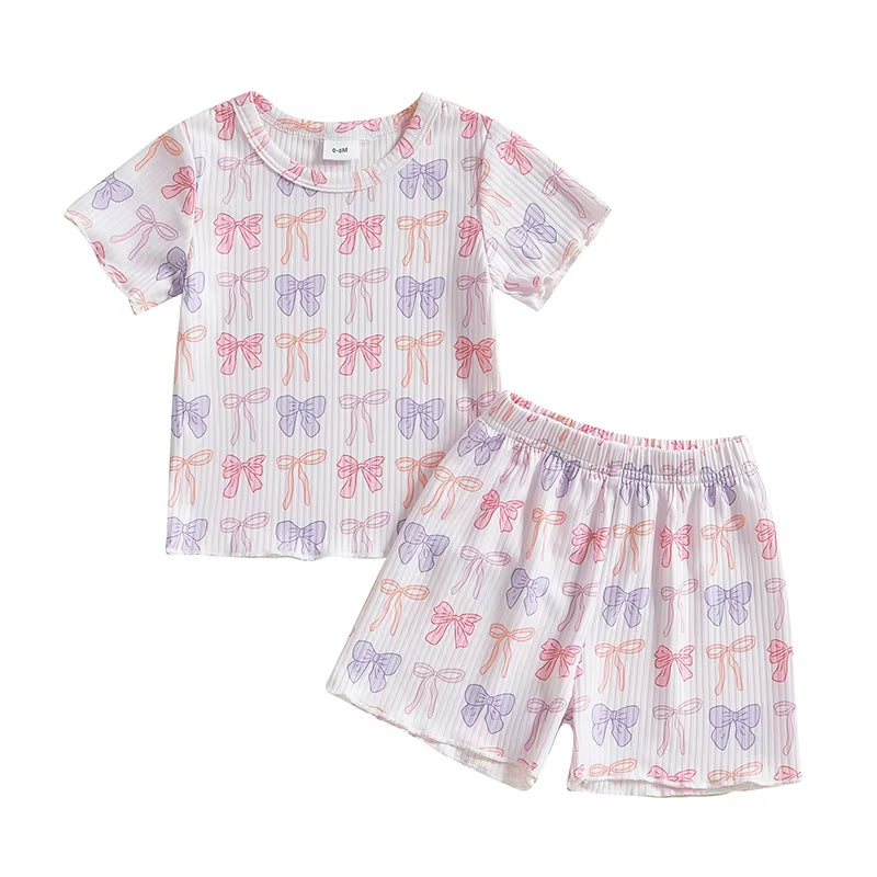 Toddler Girls Ribbed Shorts Set Bow Heart Print Short Sleeve round Neck Tops Elastic Waistband Shorts