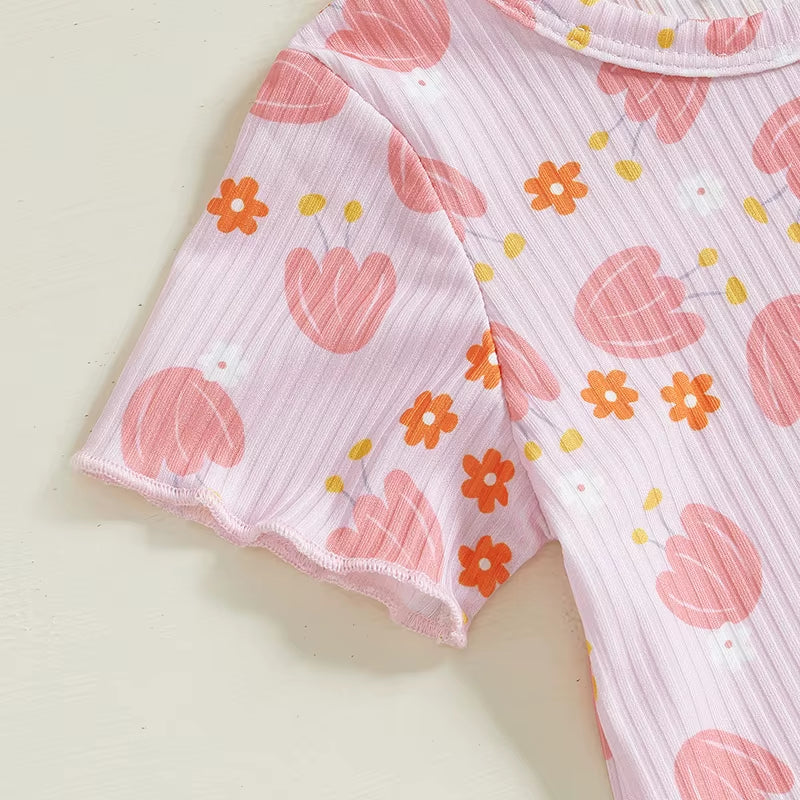 Toddler Girls Ribbed Shorts Set Bow Heart Print Short Sleeve round Neck Tops Elastic Waistband Shorts