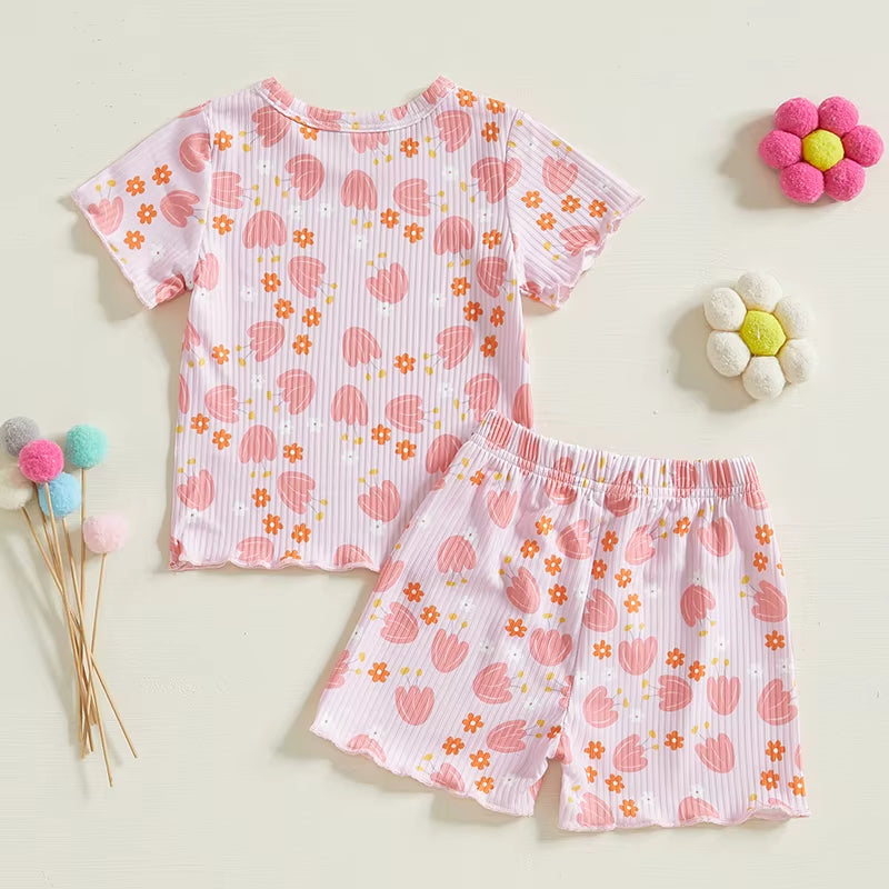 Toddler Girls Ribbed Shorts Set Bow Heart Print Short Sleeve round Neck Tops Elastic Waistband Shorts