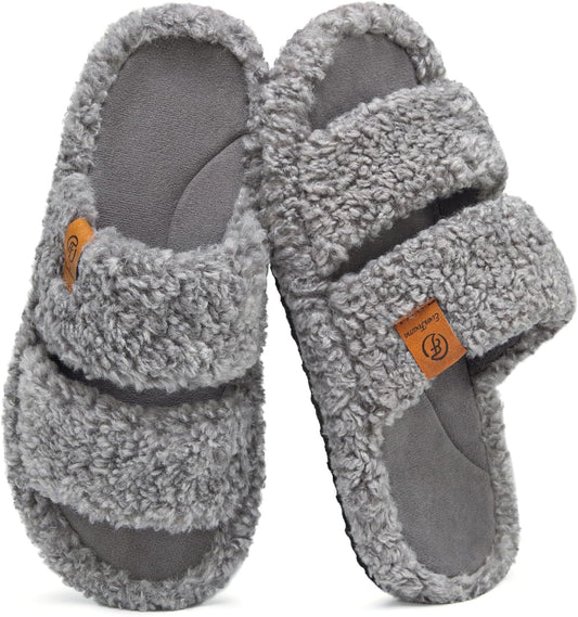 Womens Fuzzy Open-Toe Slippers Soft Comfy Memory Foam Indoor House Shoes