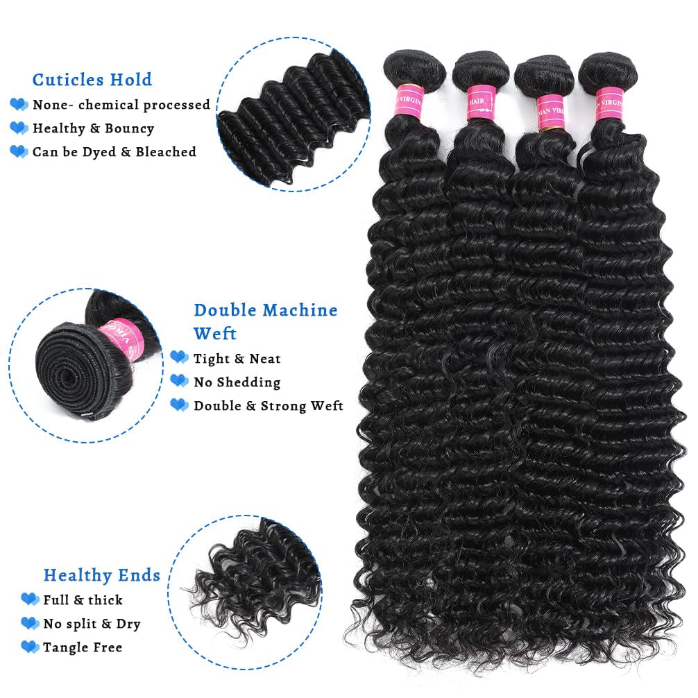 12A Human Hair Bundles 26 Inch Deep Wave Bundles Human Hair 100% Unprocessed Brazilian Virgin 1 Bundles Deals Human Hair Extensions Natural Black (Deep Wave, 26)