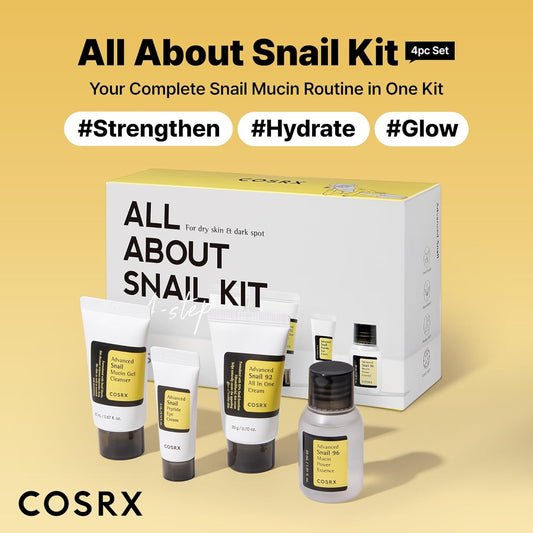 All about Snail Mucin Korean Skin Care Set, Mini Travel Essentials, Travel Size Gift Set with Snail Mucin Face Wash, Serum, Moisturizer & Eye Cream, Rejuvenating Kit